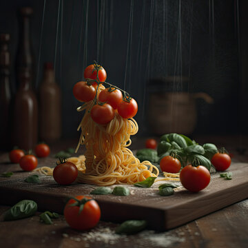 Gastronomic picture of a pasta dish with sauce and cherry tomatoes. Typical mediterranean dish.