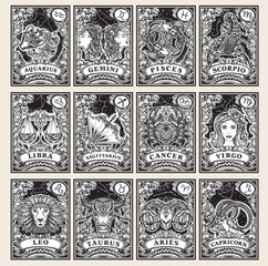 Beautiful black and white pre-made cards with zodiac signs illustrations - 594896420