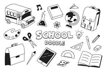 School items in hand drawing styles. Doodle back to school.