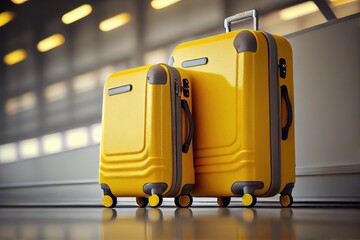 yellow suitcases for traveling packed at airport, created with generative ai