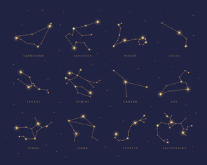 Fototapeta premium Set of golden zodiac constellations on night sky map background. 12 constellations of sparkling stars, astrological, horoscope symbols. Capricorn, Aquarius, Taurus, Aries, Gemini vector illustration