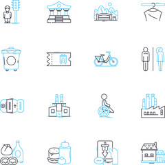 Urban space linear icons set. Gritty, Vibrant, Cosmopolitan, Edgy, Concrete, Hipster, Graffiti line vector and concept signs. Communal,Bustling,Lively outline illustrations