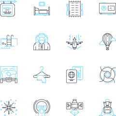 Lodging linear icons set. Accommodation, Homestay, Hostel, Lodge, Inn, Boutique, Resort line vector and concept signs. Guesthouse,Motel,Shelter outline illustrations