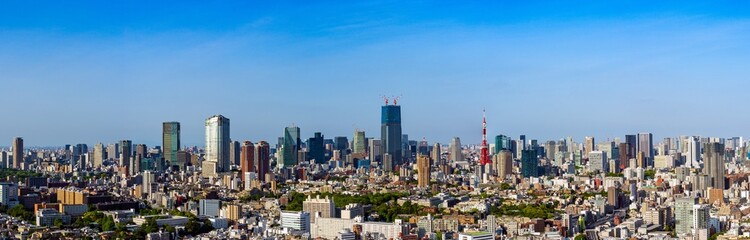 Fototapeta na wymiar Panoramic view of Tokyo central are with Tokyo tower and office buildings at daytime. 