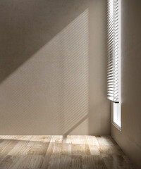 Empty luxury room with beige brown wall, white window blinds in sunlight, shadow on maple wood parquet for luxury interior design, decoration, home appliance product background 3D