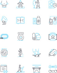 Gymnasium linear icons set. Fitness, Health, Strength, Endurance, Muscles, Cardio, Workout line vector and concept signs. Training,Exercise,Yoga outline illustrations