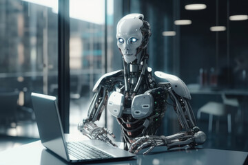 This futuristic cyborg, with humanoid features, is the perfect addition for tech-based designs. Whether it's working on a computer or other tasks, this robot is reliable and precise.