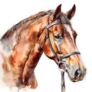 Beautiful purebred brown horse isolated on white background. Watercolor. 