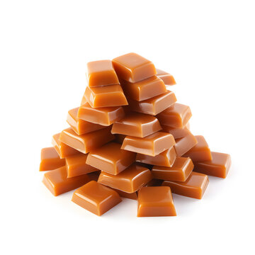 Heap of caramel candy with caramel topping on white backgrounds