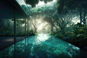 swimming pool with underwater view of nearby park, surrounded by trees and greenery, created with generative ai