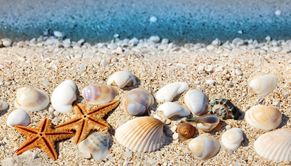 Fototapeta na wymiar seashells on seashore - beach holiday background , Ai generated 