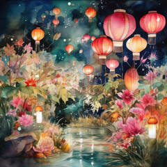 Obraz na płótnie Canvas A magical garden with floating lanterns, Generative AI