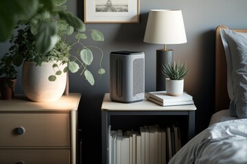 air purifier, surrounded by plants and books in quiet bedroom, created with generative ai