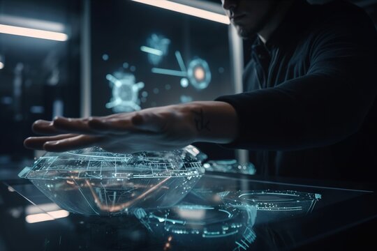 A Person Is Touching A Futuristic Object On A Table In A Dark Room Conference Room Animation User Interface Design Generative AI