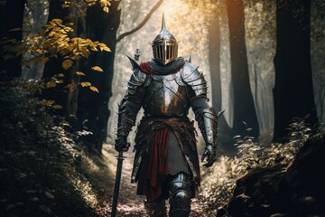 medieval warrior with sword in armor walking through forest, created with generative ai