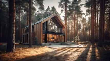 Tuinposter Modern small wooden house in the Scandinavian style barnhouse, with a metal roof in forest. AI generated © ArtStage