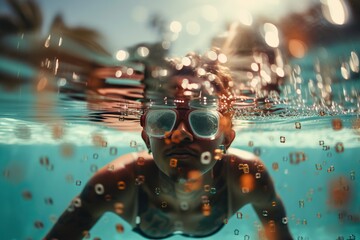 Obraz na płótnie Canvas A Man Wearing Goggles Under Water In A Pool Of Water Coral Reef Beach Underwater Photography Underwater Photography Generative AI
