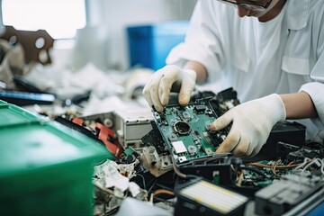 techie sorting e-waste, separating recyclable materials and removing hazardous materials, created with generative ai - obrazy, fototapety, plakaty