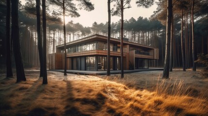 Modern small wooden house in the Scandinavian style barnhouse, with a metal roof in forest. AI generated