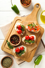 Toasts with tasty grilled vegetables, top view