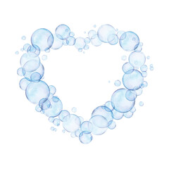 Watercolor drawn heart frame from different size blue air bubbles on white background. Transparent realistic picture for illustration, stickers, logo, textile printing, photo frames