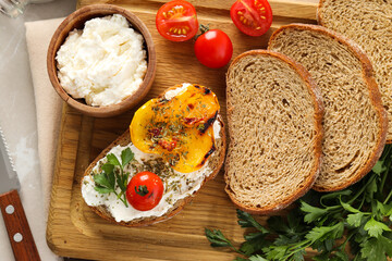 Toast with tasty grilled vegetables, concept of delicious appetizer
