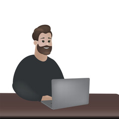 Man with laptop is working. It specialist, developer. Cartoon character, man with brown hair and beard. Vector illustration. 3d people working. 