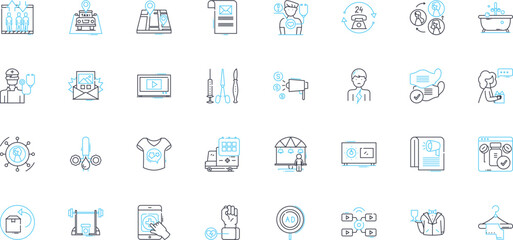 Patron care linear icons set. Support, Assistance, Guidance, Service, Care, Empathy, Concern line vector and concept signs. Attention,Responsiveness,Availability outline illustrations