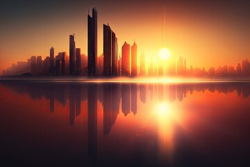 Obraz na płótnie Canvas sunrise, with the sunrise illuminating the city skyline and sea in the background, created with generative ai
