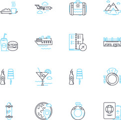 Beach hikes linear icons set. Coastal, Scenic, Seashore, Panoramic, Serene, Relaxing, Sandy line vector and concept signs. Wave-watching,Oceanic,Cliffside outline illustrations