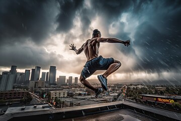 Fototapeta na wymiar A Man Is Jumping In The Air On A Skateboard In Front Of A City Modern Urban Skyline Sports Photography Action Photography Generative AI