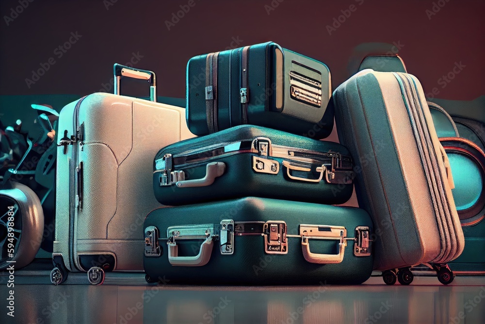 Wall mural unpacked suitcases for traveling in airport and plane, created with generative ai