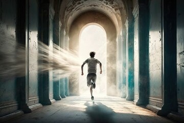 person, running through long and peaceful hallway, with doors to heaven waiting at the end, created with generative ai
