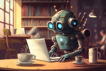 cute robot with laptop typing away in cafe, surrounded by books and coffee cups, created with generative ai
