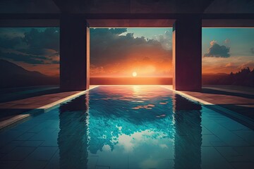 swimming pool with underwater view of sun setting into the horizon, created with generative ai