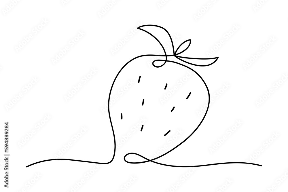 Wall mural Continuous one line drawing strawberry fruit. Farmer market Logo concept. Abstract hand drawn berry by one line. Minimalist black line sketch on white background. Fashionable trend vector illustration