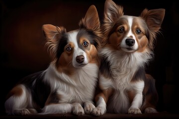 portrait of two cute dogs sitting side by side, with their heads turned towards the camera, created with generative ai