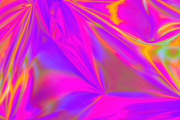 Fototapeta na wymiar Abstract holographic background 80s, 90s, 2000s style. Modern bright neon purple, magenta pink, orange metallic psychedelic optimistic holographic foil texture. New wave, psychedelic retro futurism