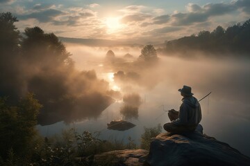 A Man Sitting On A Rock Fishing In A River At Sunrise Rural American Countryside At Sunrise Landscape Photography Fishing Generative AI