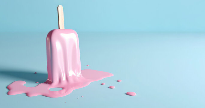 Pink Ice Lolly Melting on Blue Surface. Summer Concept with copy-space. Generative AI.