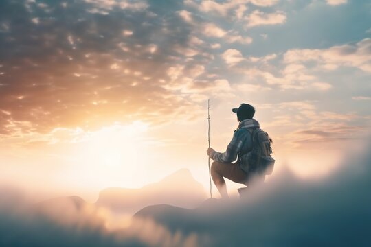 A Man Standing On Top Of A Mountain Holding A Fishing Pole Mountain Range At Sunrise Landscape Photography Adventure Travel Generative AI