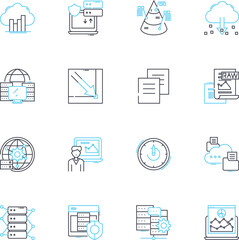 Accounting supervision linear icons set. Compliance, Auditing, Reconciling, Budgeting, Analysis, Reporting, Documentation line vector and concept signs. Taxation,Forecasting,Interpretation outline