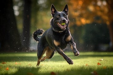 Energetic Dog's Yellow Ball Pursuit: Expertly Running After Catch, Playful Agility, Canine Fun, Generative AI
