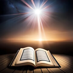 The book of the Islamic Koran with a shining light effect, which is exotic and the theme of Ramadan. Great for business, blog, website, presentation, wallpaper, speech etc. Ai Generated image concept
