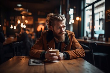 A Man Sitting At A Table With A Cup Of Coffee In His Hand Coffee Shop Portrait Photography Influencer Marketing Generative AI
