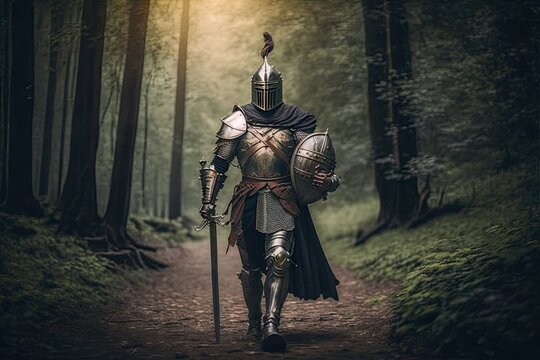 medieval warrior in armor with sword walking through forest, created with generative ai