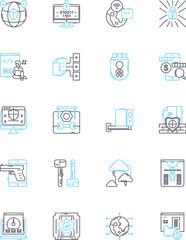 IT protection linear icons set. Firewall, Encryption, Privacy, Antivirus, Authentication, Biometrics, Cybersecurity line vector and concept signs. Firewall,Malware,Passwords outline illustrations