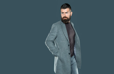 charismatic bearded mature guy wear casual on grey background