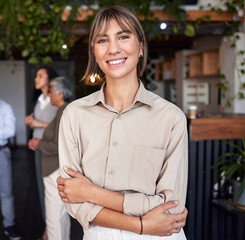 Portrait, business and woman with arms crossed, smile and leadership skills in workplace. Face,...