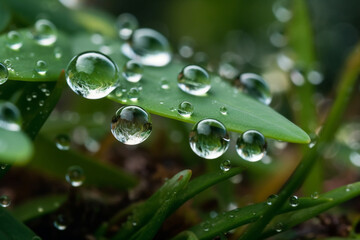 water drops on grass and green leaves. Generative Ai